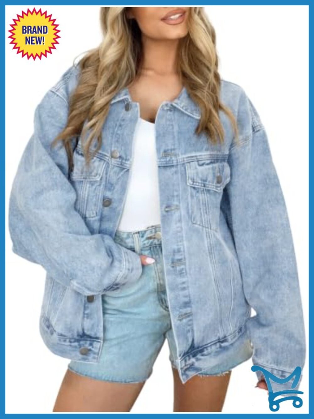 Oversized Button Down Denim Jacket Distressed Boyfriend Style